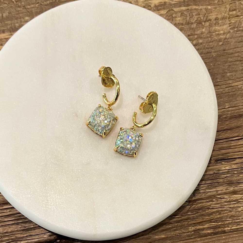 Kate Spade Mini Square Huggies Earrings in Gold and Iridescent Glitter